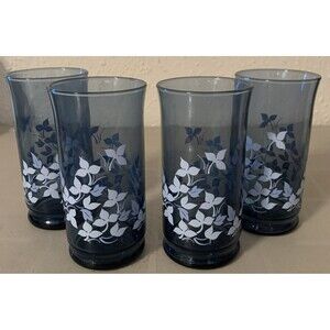 Vintage Libbey Blue Floral Tumbler Drinking Glasses Set Of 4 Country Cottage